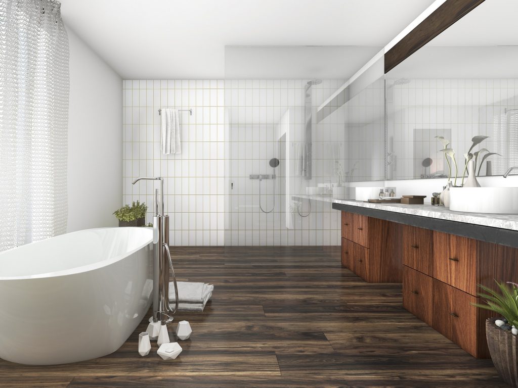 3d rendering wood and tile design bathroom near window an curtain